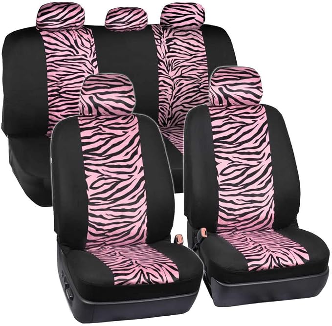 BDK Pink Velvet Zebra Print Car Seat Covers, Full Set with Steering Wheel Cover and Seat Belt Pads, Front and Rear Universal Fit for Car Truck SUV Van, Cute Auto Interior Accessory for Women Girl