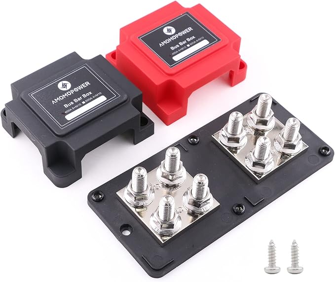 Bus Bar 12V-48V 400A Heavy Duty Module Copper Busbar Power Distribution Blocks with 8X 3/8" (M10) Posts Terminals DC Battery Buss Bars 400 Amp for Car RV Solar Automotive Boat Marine, Red&Black