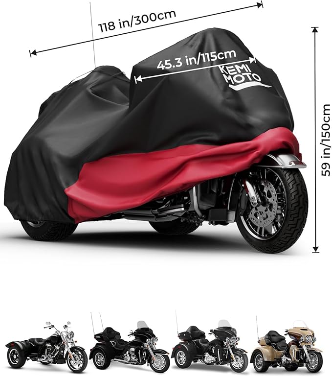 KEMIMOTO Heavy Duty 3 Wheel 420D Motorcycle Cover with Antenna Opening Compatible with Trike Models Freewheeler Tri Glide Ultra Goldwings Cover Waterproof Impermeable Outdoor All Weather Protection