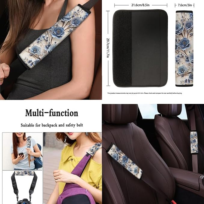 Retro Rose Floral Print 13 Piece Car Seat Cover Set for Women Full Set Paper Sculpture Rose Flower Painting Car Seat Protectors Coaster Pads Decor Accessory