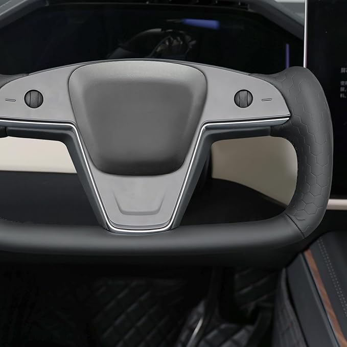 MEWANT DIY Black Solid Hexagon Embossed Faux Leather Steering Wheel Cover for Tesla Yoke Model S 2021-2023 Model X