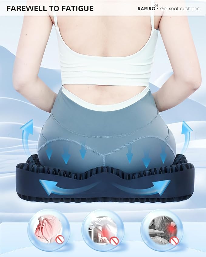 Enlarged 19.7" Gel Seat Cushion, Egg Gel Chair Pads for Wheelchair Pressure Coccyx Sciatica Pain Relief, Cooling Desk Seat Cushion for Kayak, Car, Office Chair Long Sitting[Black]