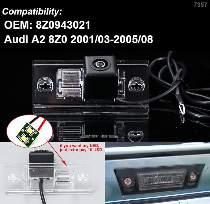 Car Backup Reverse Camera, HD Waterproof Rear-View License Plate Reverse Parking Camera, Vehicle Safety Assistant System, Replacement for Audi A2 8Z0 2001/03-2005/08 (OEM: 8Z0943021)