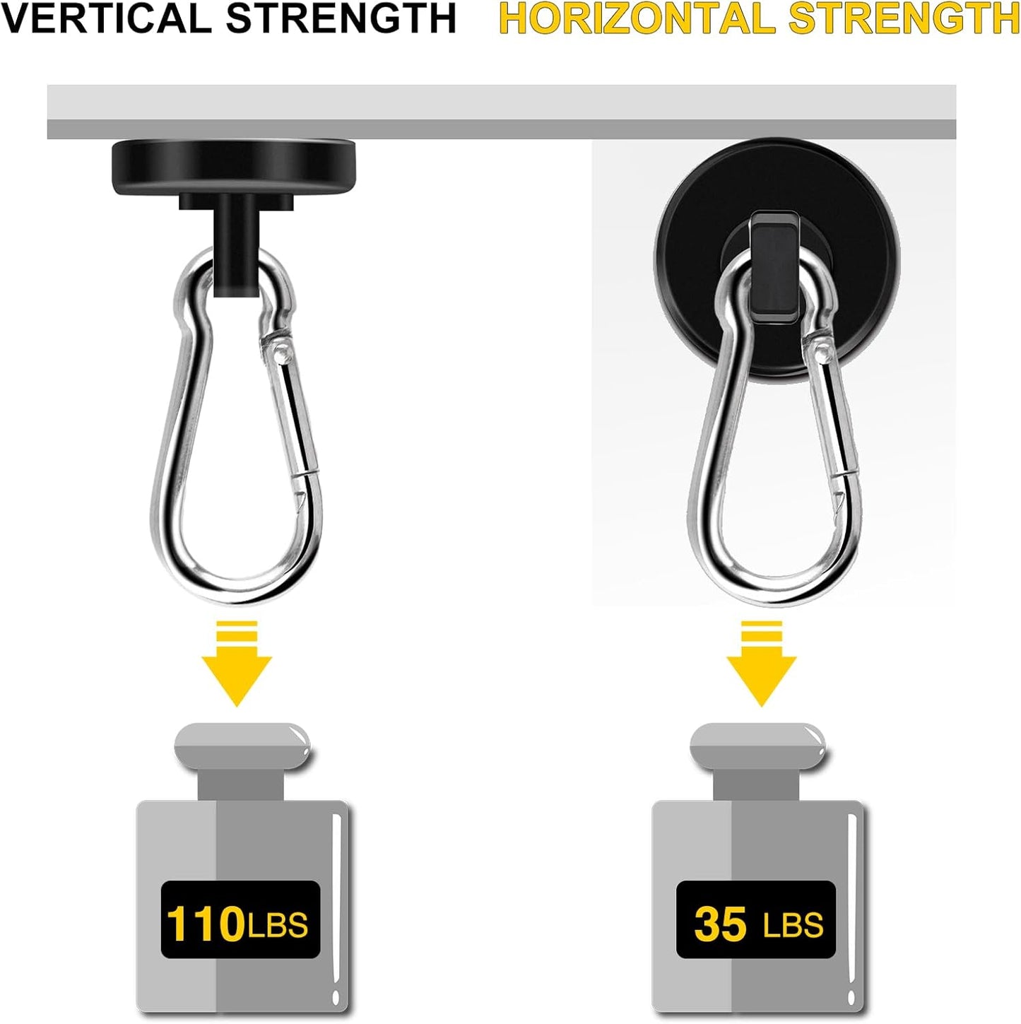 DIYMAG Black Magnetic Hooks, 110LBS Strong Heavy Duty Neodymium Magnet Hooks with Swivel Carabiner Hook, Great for Your Refrigerator and Other Magnetic Surfaces, Pack of 7