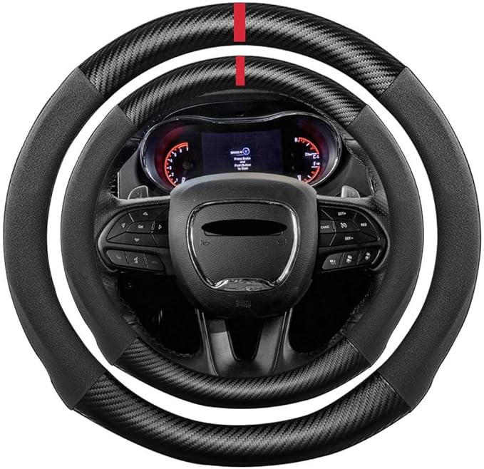 Suede Carbon Fiber Steering Wheel Cover, Compatible with Dodge Challenger Charger Durango Journey Caravan Ram 1500 15 inch Soft Suede Leather Sport Non-Slip Interior Accessories