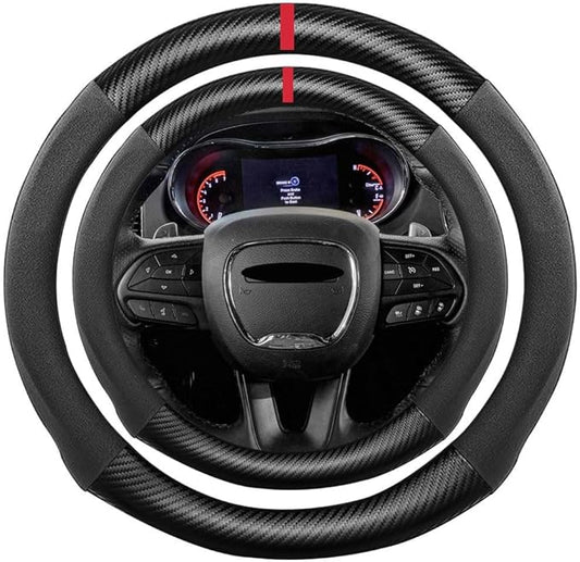 Suede Carbon Fiber Steering Wheel Cover, Compatible with Dodge Challenger Charger Durango Journey Caravan Ram 1500 15 inch Soft Suede Leather Sport Non-Slip Interior Accessories