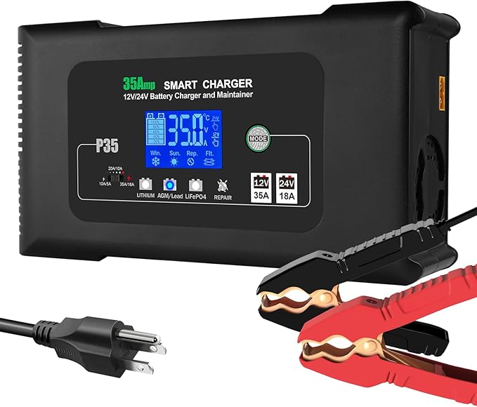 Battery Charger 0-35A,12V/24V Smart Car Battery Charger for Lithium,LiFePO4,Lead Acid,AGM,RV,Marine,Boat, Deep Cycle Batteries,9 Stage with Pulse Repair,Trickle Charger & Maintainer
