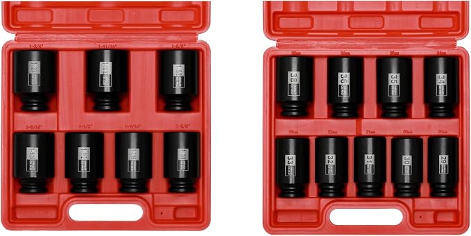 Mayouko 1/2" Drive SAE&Metric Spindle Axle Nut Sockets Set,Deep, 6-Point, CR-MO, 1-3/8" - 1-3/4", 29-38mm