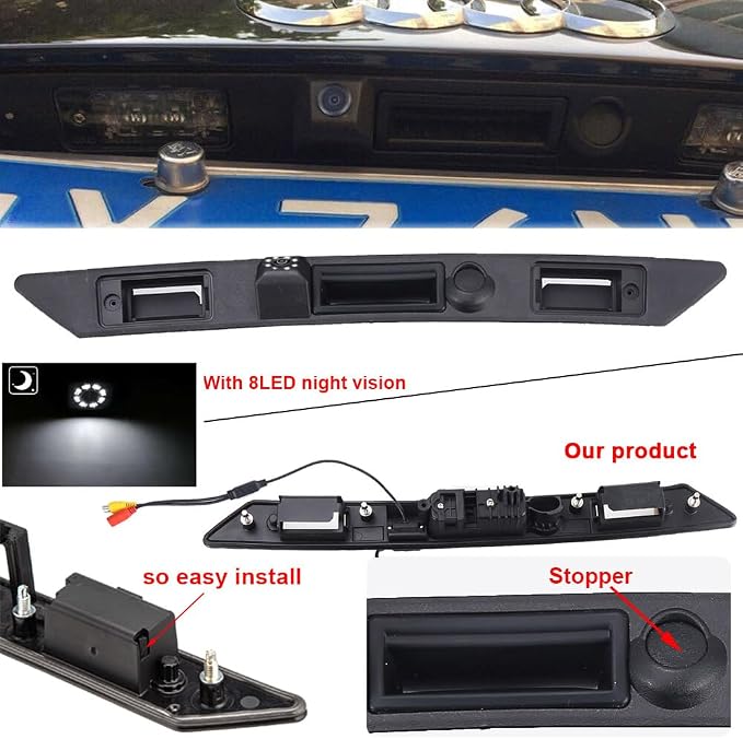 HD Auto 8LED 170° Wide Angle Rear View Reverse Trunk Handle Backup Camera Compatible with Audi A3 8P/8V 8PA S3 V6/A4 B7 S5/sedan/RS4/A5 RS5/A6 C6/A8 S8/Q7/RS3/S4/RS6/Seat Exeo 3R2/V W Plus RS (NO.B)