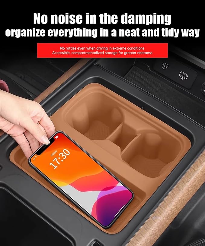 Center Console Storage Box for 2022-2024 Land Rover Defender 90 110 130 Wireless Charging Mat Cup Holder Interior Storage Silicone Mat Tuning Supplies Accessories (2022-2024 Defender (Brown))