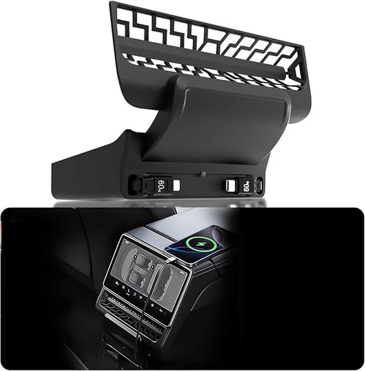 USB Hub for Tesla Model Y Juniper 2025 2026 Model 3 Highland 2024 2025, 120W Dual Type-C Rear Vent Air Outlet Expansion Cover Fast Charger Center Console Docking Station with Retractable Cable