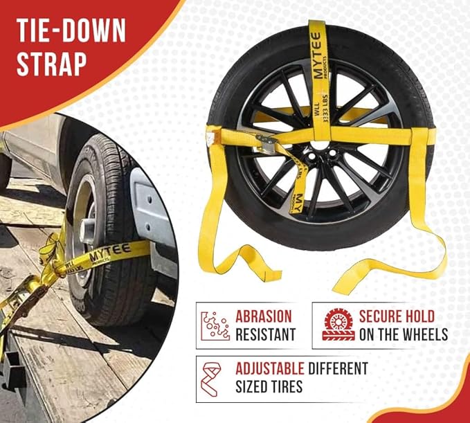 Mytee Products 2" x 120" Yellow Side Mount Wheel Tie Down Strap with Flat Hook & Dual Ratchet – 3,333 lbs WLL Wheel Net Fits 14–17" Tires, Heavy Duty Vehicle Tie Down Strap for Car Hauling