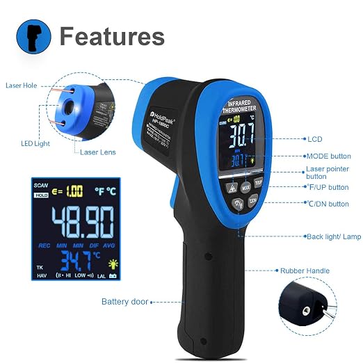 -58~3272°F High Temp Thermometer Pyrometer,Industrial Laser Thermometer Gun 50:1 with Flashlight,LCD Color Screen/Max/Min/AVG,High Heat Thermometer for Engine, Kiln, Forging