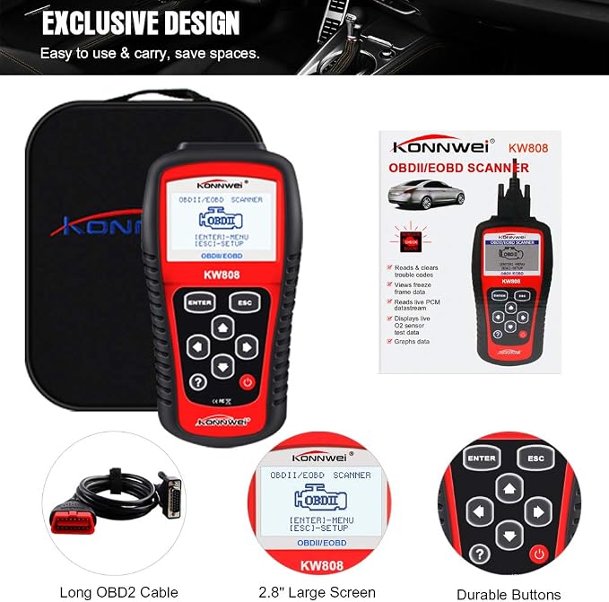 KONNWEI KW808 Auto OBDII Code Reader 2.8"Large Screen OBD2 Scanner with Full Diagnostic Scan Tool Functions Check Car Engine Light Fault Code Analyzer for All 1996 and Newer Cars with OBD II Protocol