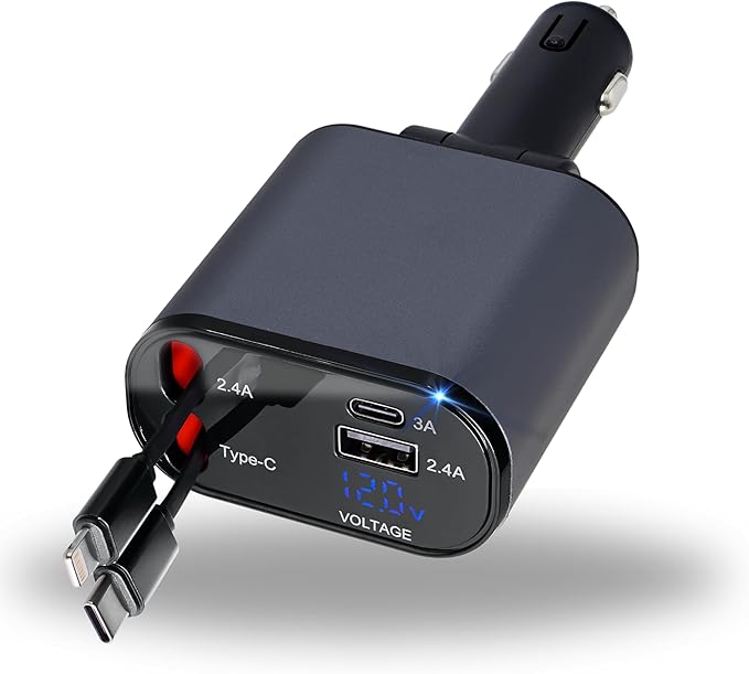 Retractable Car Charger | 4 in 1 Fast Car Phone Charger 120W | Retractable Cables and USB Car Charger | Compatible with iPhone 15/14/13/12/11, Galaxy, Pixel | Car Accessories | iPhone Car Charger