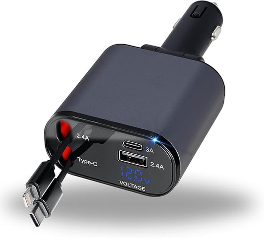 Retractable Car Charger | 4 in 1 Fast Car Phone Charger 120W | Retractable Cables and USB Car Charger | Compatible with iPhone 15/14/13/12/11, Galaxy, Pixel | Car Accessories | iPhone Car Charger