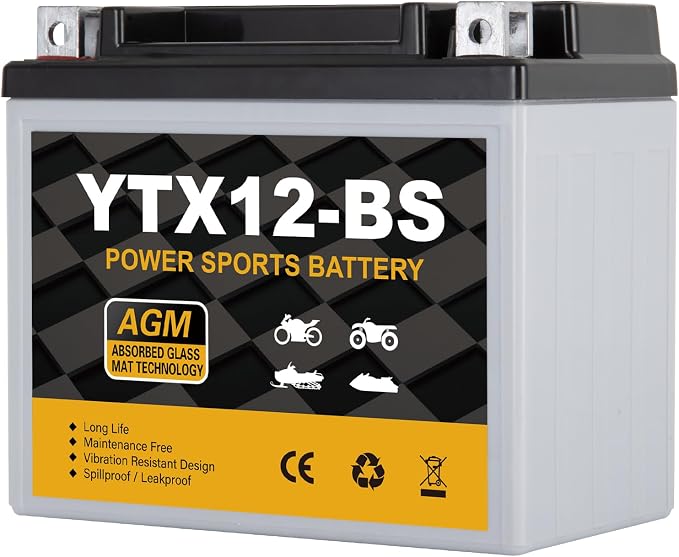 YTX12-BS Motorcycle Battery 12V 10Ah, 180 CCA Sealed AGM Rechargeable Maintenance Free Battery, Replacement for ATV, Scooter, 4 Wheeler, ETX12, GTX12-BS