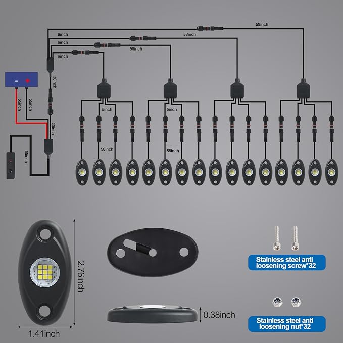 20pods White Rock Lights Dc 12v-80v 6000k Aluminum Alloy Pure White Led Rock Lights with Switch Wiring Harness Kit Ip68 Waterproof for Trucks Pickup Offroad Car SUV Utv ATV Rv Fends Underglow Lights