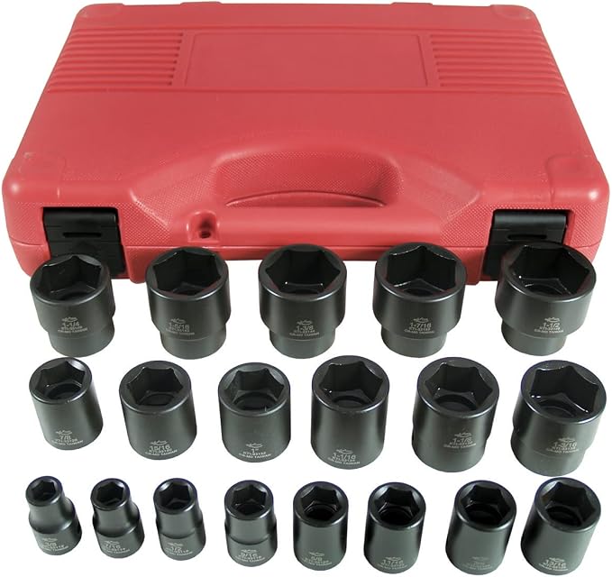 K Tool International 33101 19 Piece SAE Short Impact Socket Set, 1/2 Inch Drive 6 Point Cr Mo Steel Sockets from 3/8 to 1 1/2 Inch, Laser Etched Markings, Blow Molded Case, For Shop and Industrial Use