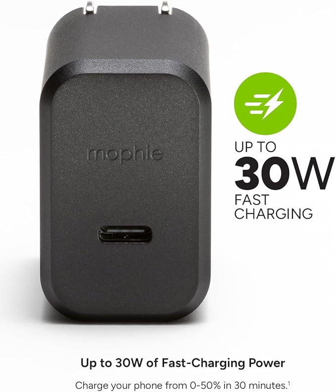 Mophie GaN 30W USB C Charger Block - Fast Wall Charger for iPhone, iPad, Samsung Galaxy, Google Pixel, and More - Compact, Foldable Prongs, Eco-Friendly, Black