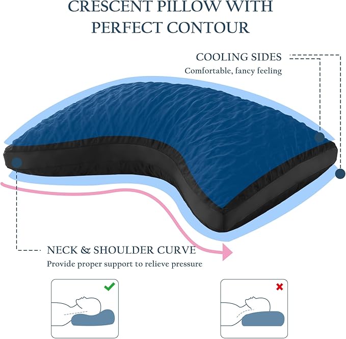 Cooling Side Sleeper Pillow for Neck and Shoulder Pain, Luxury Shredded Memory Foam Curved Bed Pillows for Sleeping Adjustable Queen Size - Washable Cover Crescent Black
