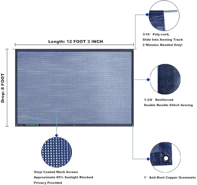 leaveshade RV Awning Sunshade Screen 8' X 12' 3'' (Fit for 13' Awning)- Navy Blue Mesh Sun Shade Block Patio Front Glare Motorhome Camper Trailer Awning Shade UV Sunscreen -3 Year Warranty