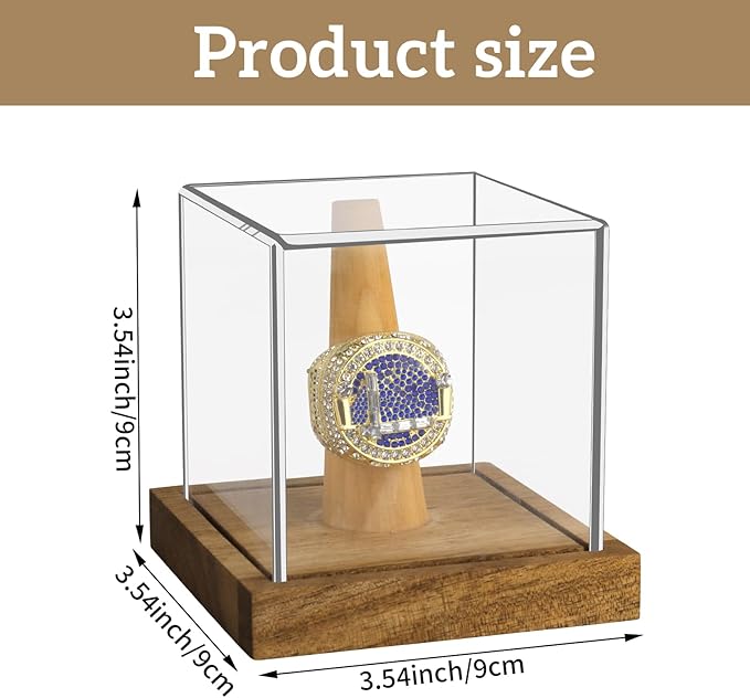 Clear Acrylic Championship Ring Display Case with Wood Stand Base, Memorabilia Stand Cube Holder Dust Protection Transparent Storage Box for Sports Baseball Basketball Fan Souvenir Protection Supplies