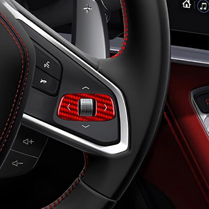 Real Carbon Fiber Steering Wheel Volume Control Button Covers - for Corvette C8 2020 2021 2022 2023 2024 2025 Carbon Fiber Accessories, Durable Anti-Scratch Protective Accessories (Red)