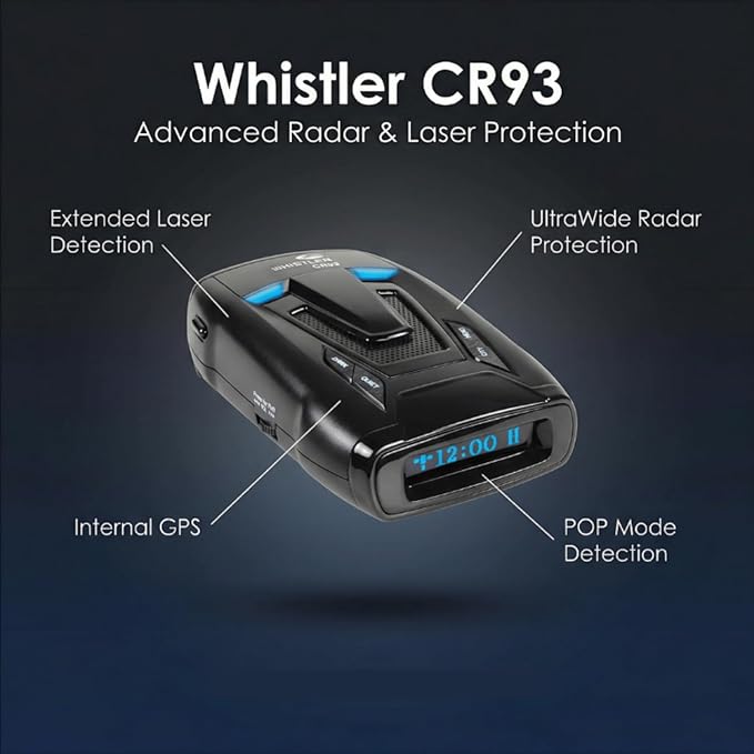 Whistler CR93 High Performance Laser Radar Detector: 360 Degree Protection, Bilingual Voice Alerts, and Internal GPS , Black