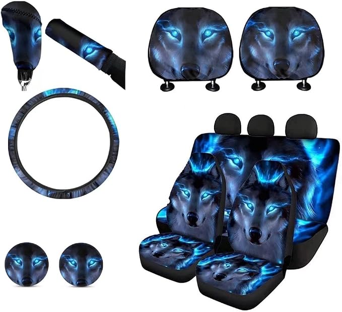 KEIAHUAN 11-Piece Car Accessories Set - Seat, Steering Wheel, Coasters, Gear Shift Knob, Handbrake Cover, Headrest, Galaxy Wolf