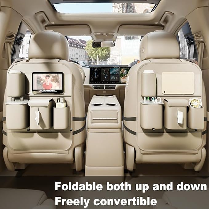 GMQ Backseat Car Organizer with Touch Screen,Protectors Kick Mats Travel Accessories for Kids,Multifunctional Seat Back Organizer Car Travel Organizer Accessories (Beige, 1PC)