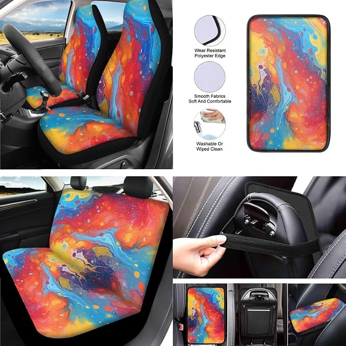 Tie-Dye Watercolor Fluid Art Car Seat Covers Seat Cover Set of Colorful Liquid Hand Drawing 13 Pack Ultra-Soft Universal Fit for Cars Keychain Coaster for SUV Sedan Van