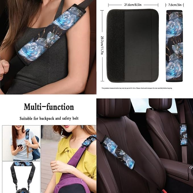 Crystal Rose Blue Artwork Print 13 Pcs Car Seat Covers Full Set Rose Hand Drawing Steering Wheel Cover Back Headrest Cover Coaster Keychains for Trucks Sedan SUV