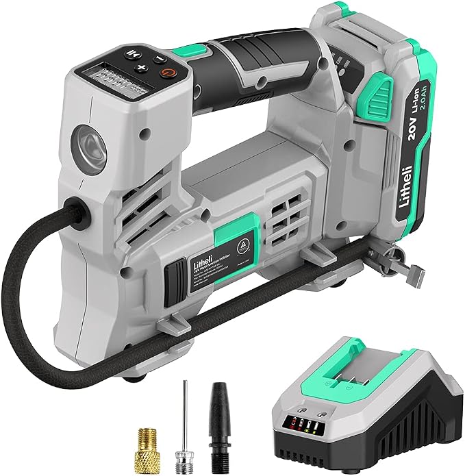Litheli 20V Air Compressor Tire Inflator, Portable Pump for Car, Bike, Sports Ball, Battery Powered with Digital Pressure Gauge, 3 Nozzle Adapters, 150 PSI, Includes 2.0Ah Battery & Charger