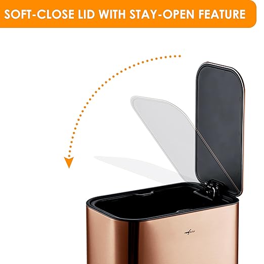 RED FACTOR Slim Small 1.3 Gallon Stainless Steel Pedal Trash Can with Soft Close Lid for Narrow Spaces – Wastebasket Bin with Removable Inner Bucket for Bathroom, Kitchen, Bedroom, or Office (Copper)