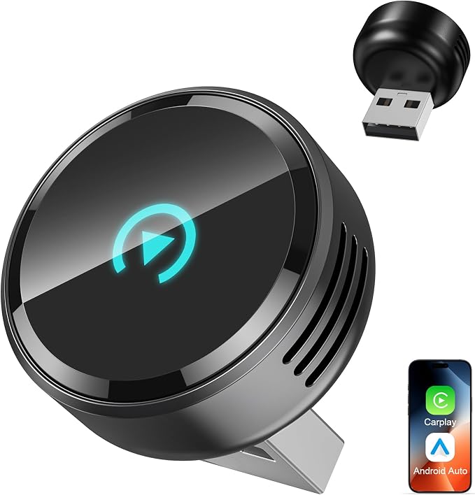 Ultra Mini Circular Wireless CarPlay & Android Auto Adapter, 3-5s Fast Auto Reconnect, Aluminum Alloy Vent Design, 2-in-1 CarPlay Wireless Adapter for iOS & Android with USB A/C Port (Black)