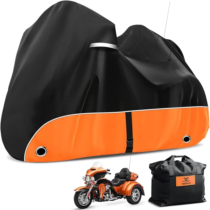 Trike Cover, 420D Outdoor Waterproof Three Wheeler Cover with Ventilation Holes and Reflective Strips, Suitable for Trike Models Freewheeler, CVO Version, Tri Glide, Chieftain, Goldwing Orange