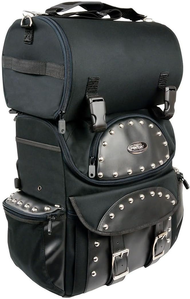 Milwaukee Leather SH602S Medium Black Textile Two Piece Studded Touring Sissy Bar Motorcycle Bag - Medium