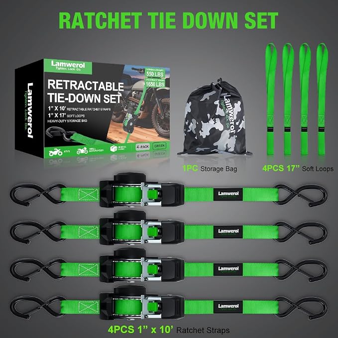 Retractable Ratchet Straps (4-Pack) - 1 Inch x 10 Feet (1,650lb Break Strength) - Heavy Duty Auto Self Retracting Tie Down Straps for Motorcycle, ATV, UTV, Truck, Cargo Trailer - Green
