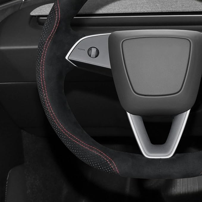 MEWANT Hand Stitch Black 9040 Athsuede Steering Wheel Cover Wrap for Tesla Model 3 Highland 2024 Model Juniper 2024