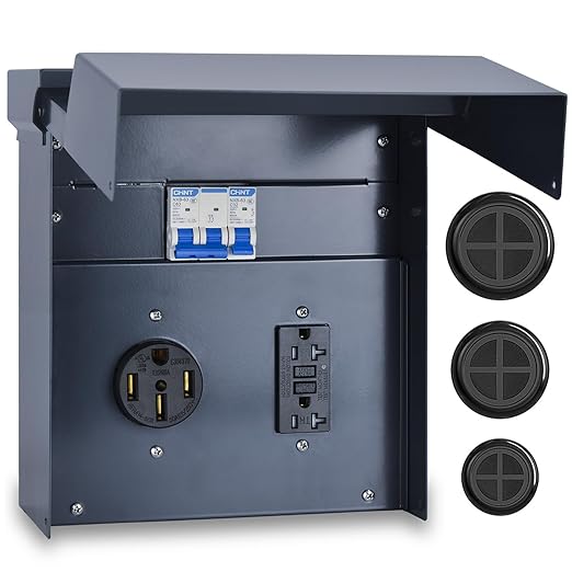RV Electrical Panel with Breaker, Temporary Power Outlet Box, UL 50 20 Amp Receptacles, Outdoor Weatherproof Metal Enclosure, Easy Setup for Campers, Travel Trailers, Mobile Homes (Blue)