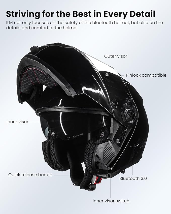 ILM Bluetooth Motorcycle Modular Helmet 2-3 Riders Intercom Flip up Full Face Helmet with Dual Visor DOT Model 159BT (GlossBlack, M)