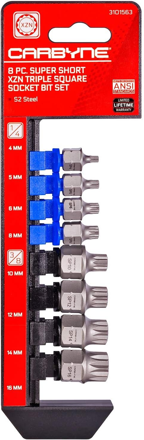 CARBYNE 8-Piece XZN Triple Square Stubby Low Profile Bit Socket Set, 4mm to 16mm, 12 Point Spline, S2 Steel, Dual Drive Internal Square and External Hex for Tight Confined Spaces