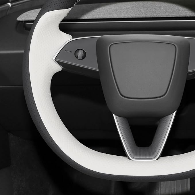 MEWANT Hand Stitch White Black Faux Leather Steering Wheel Cover Wrap for Tesla Model 3 Highland 2025 Model Y Juniper