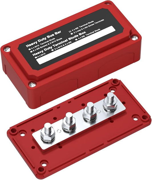 300A Bus Bar Box Heavy Duty Module Design Nickel Plated Brass Buss Battery Power Distribution 4xM8(5/16") Stainless Steel Terminal Studs Marine Ground DC12 24 48V（Red）