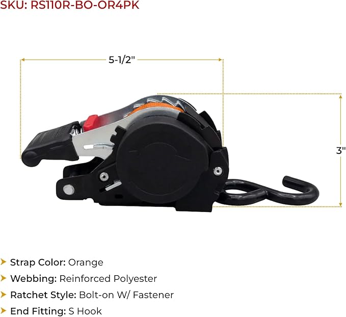 Mytee Products 4 Pack 1''x10' Bolt on Orange Retractable Ratchet Straps for Cargo - Coated S Hook Auto Retract Ratchet Straps - Self Ratcheting Strap for Boat Tie Down to Trailer & Jet Ski, ATVs