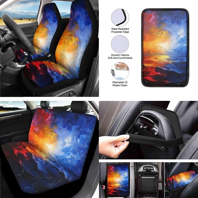 Sunrise Contrasting Color Gradient 13 Pack Car Accessories Set Include Car Sunup Oil Painting Front Seat Covers Car Decorations,Car Cup Pad Seat Belt Shoulder Pads, Universal Size, F9-13B