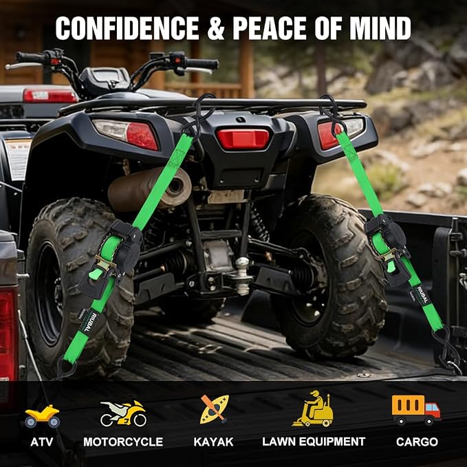 Retractable Ratchet Straps (4-Pack) - 1 Inch x 15 Feet (1,764lb Break Strength) - Auto Self Retracting Tie Down Straps Heavy Duty for Motorcycle, ATV, UTV, Truck, Cargo Trailer – Green