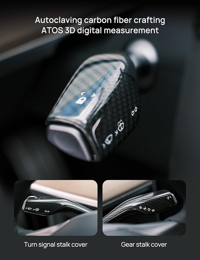 TPARTS Steering Lever Cover for Tesla Model 3 (2018-2023) Model Y (2020-2024),Real Carbon Fiber Stalk Gear Column Shift Cover Tesla Steering Wheel Accessories 2 PCS (Glossy Black)