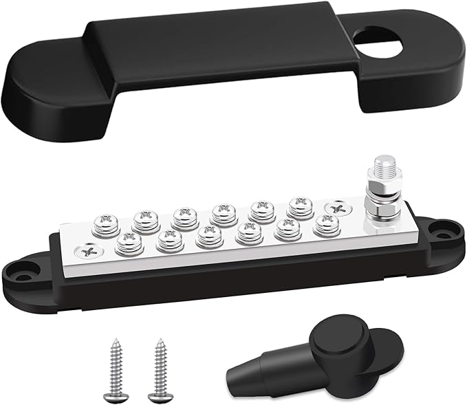 Marine Bus Bar 12V 150A 1/4" Stud Power Distribution Block, Buckle Designed Bottom Battery Busbar, Automotive Buss Bar 12v for Car, Boat and Solar Wiring (Black)